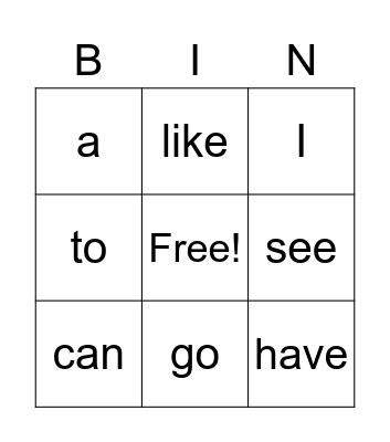 Sight Words Bingo Card