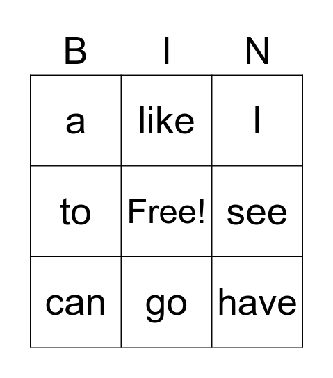 Sight Words Bingo Card