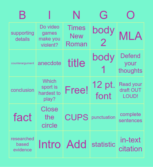 Argumentative Essay Bingo Card