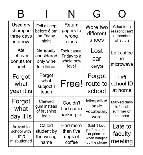 Tired Teacher Bingo Card