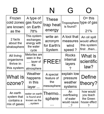 Earth Systems  Bingo Card