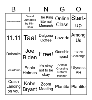 2020 Reminisce Bingo Card