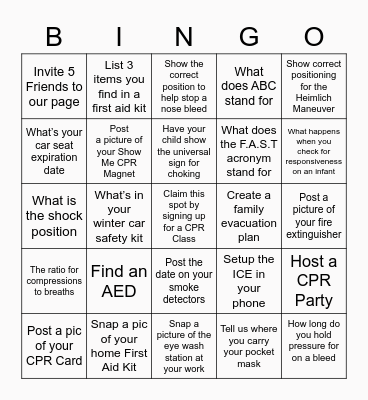 Show Me CPR and Personal Safety Bingo Card