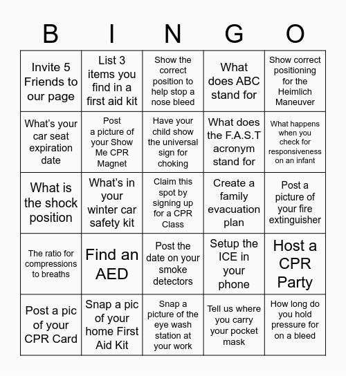 Show Me CPR and Personal Safety Bingo Card