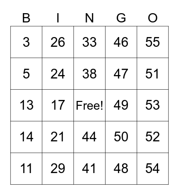 Number Bingo Card