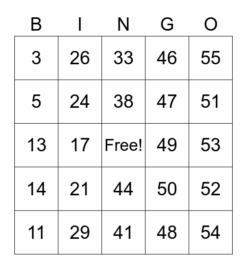 Number Bingo Card