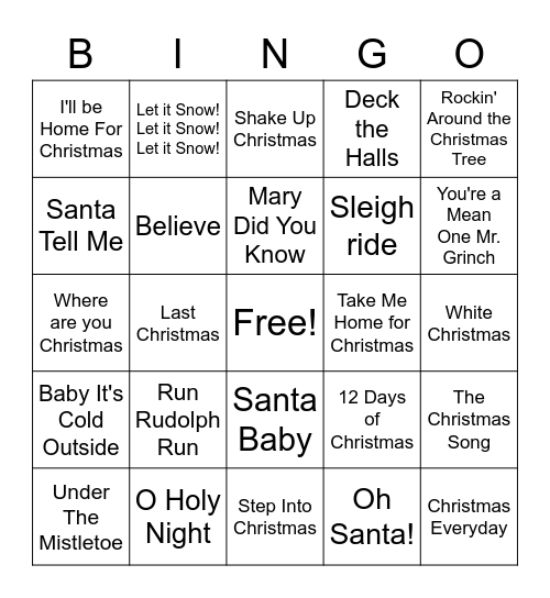 Christmas Song Bingo Card