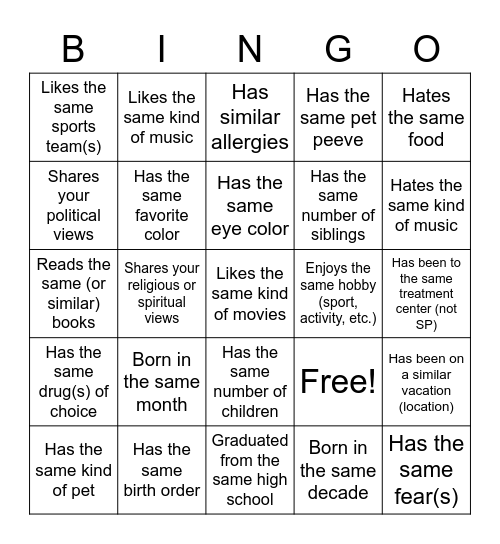 Commonalities Bingo Card