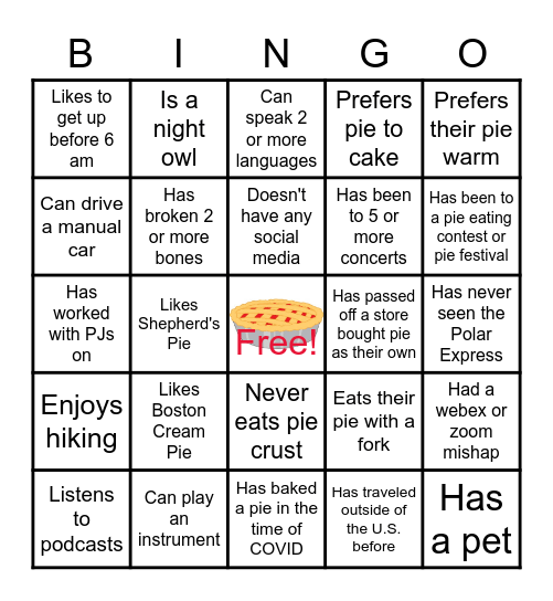 Virtual Bingo PIE Celebration Bingo Card