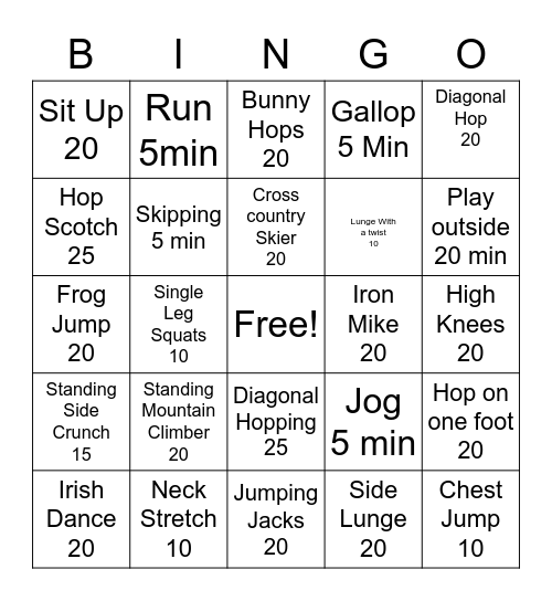 Ftiness Bingo Card