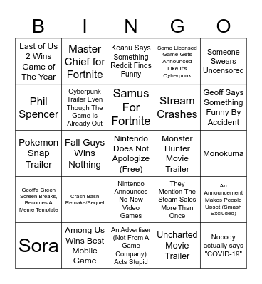 Game Awards Bingo Card