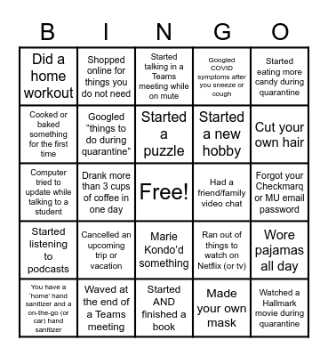 Quarantine Bingo Card