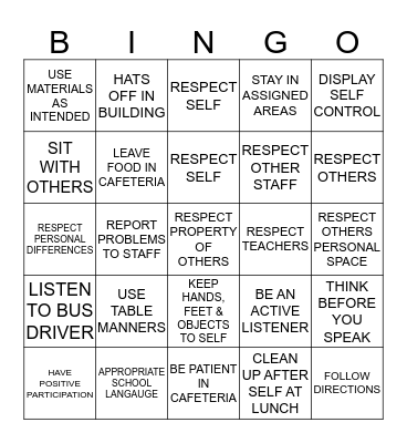 RESPECT Bingo Card