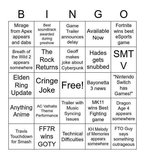 Game Awards 2020! Bingo Card