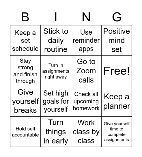 How to start the new trimester out right Bingo Card