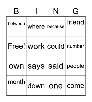 Trick Word Bingo Card