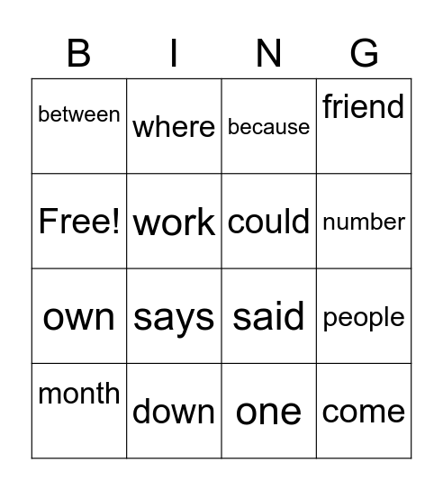 Trick Word Bingo Card