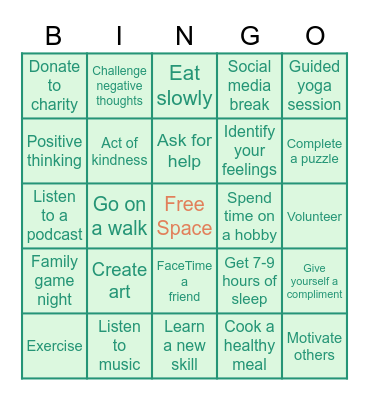Mental Health & Well Being Bingo Card