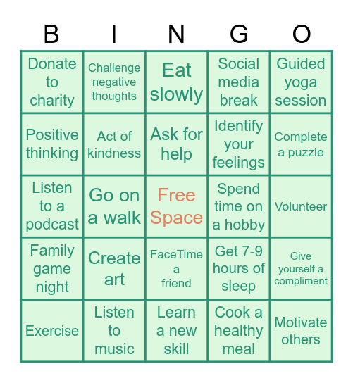 Mental Health & Well Being Bingo Card