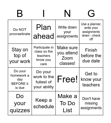 What to do to start your new tri out great! (2nd hour) Bingo Card