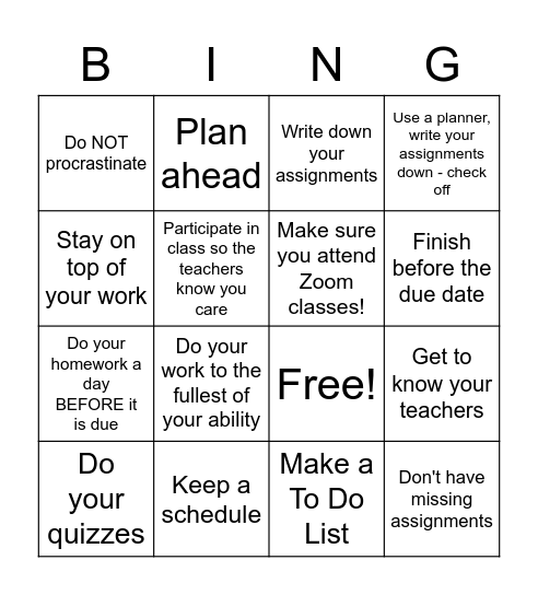 What to do to start your new tri out great! (2nd hour) Bingo Card