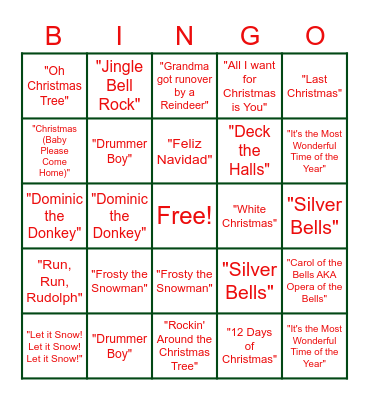 Holiday Bops Bingo Card