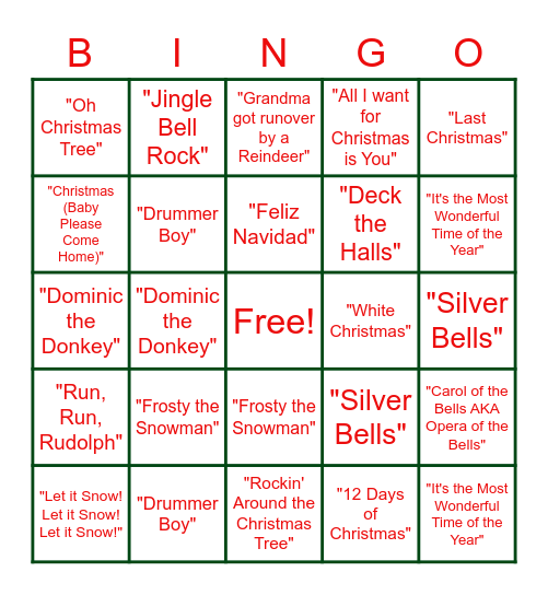 Holiday Bops Bingo Card