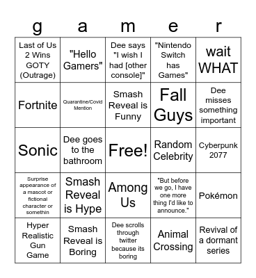 Dee's Game Awards Bingo Card