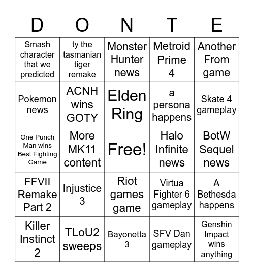 The Game Awards 2020 Bingo Card