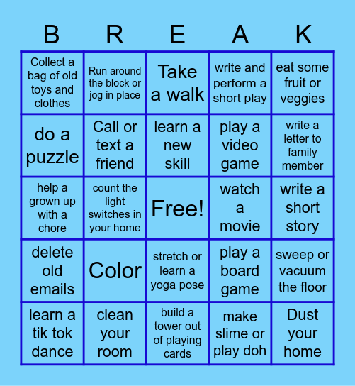 Winter Break Boredom Busters Bingo Card