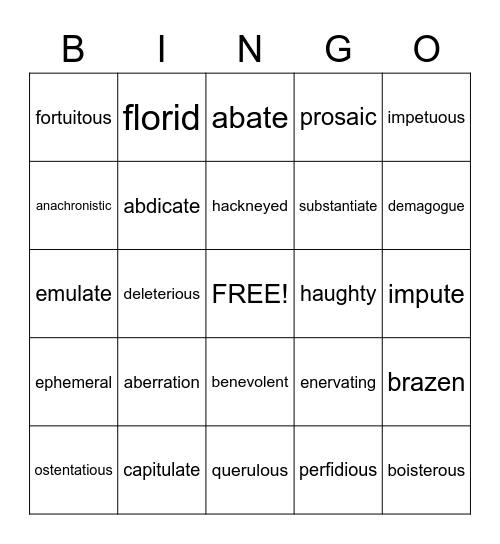 SAT Vocab Bingo Card