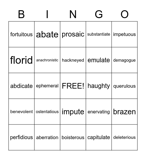 SAT Vocab Bingo Card