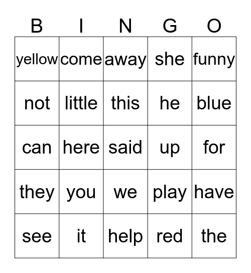 Sight Words Bingo Card