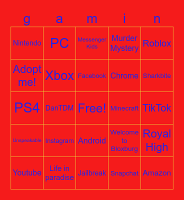 gaming Bingo Card