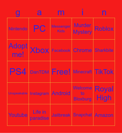 gaming Bingo Card