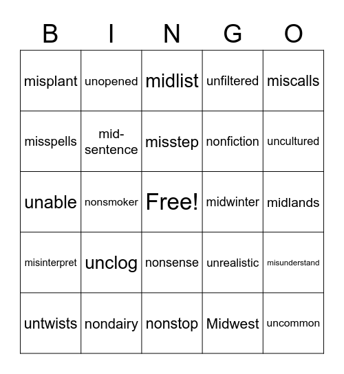 "un," "non," "mid," and "mis" Bingo Card