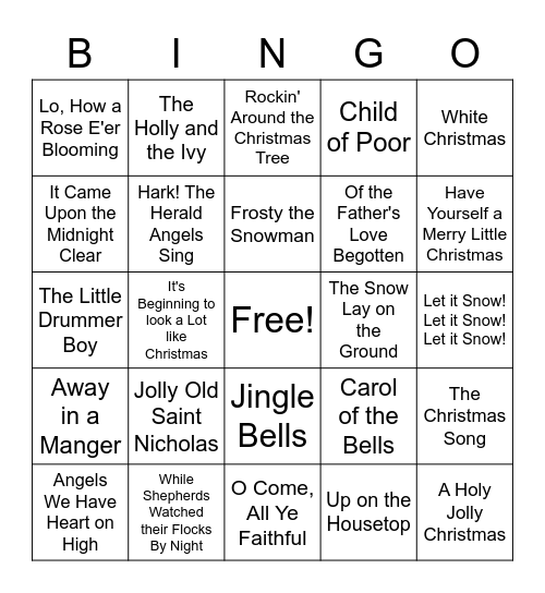 Christmas Song Bingo Card