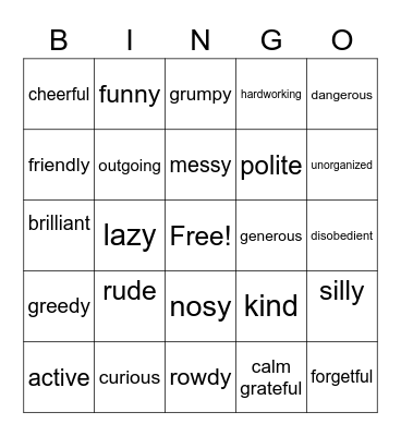 Character Traits Bingo Card