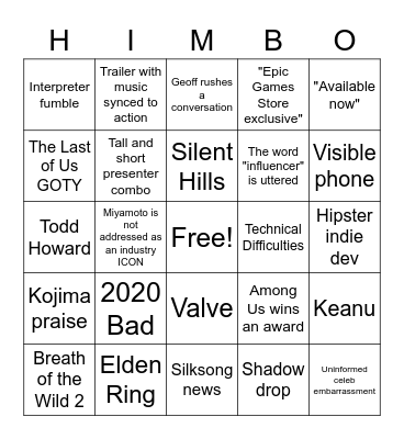 2020 Game Awards Bingo Card