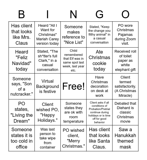 Probation Bingo- Holiday Edition Bingo Card