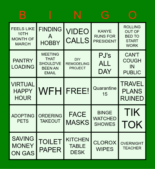 2020 Themed Bingo Card