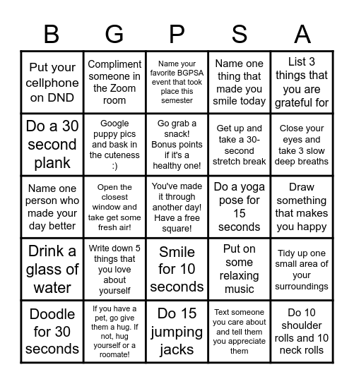 BGPSA Wellness Bingo Card