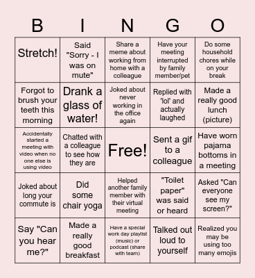 Remote Work Bingo Card