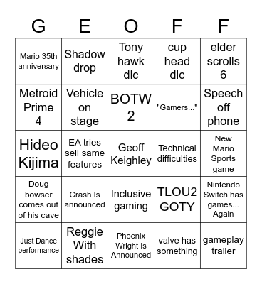 Game Awards 2020 Bingo Card