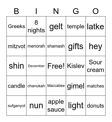 Rockdale Temple Chanukah Bash Bingo Card