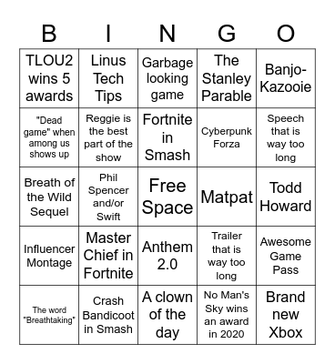 The Game Awards 2020 Bingo Card