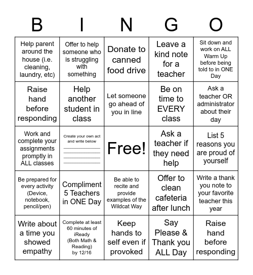 CIS - Act of Kidness Bingo Card