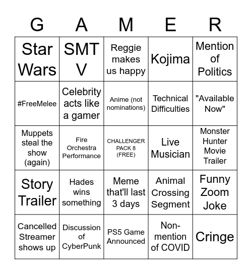 Game Awards 2020 Bingo Card