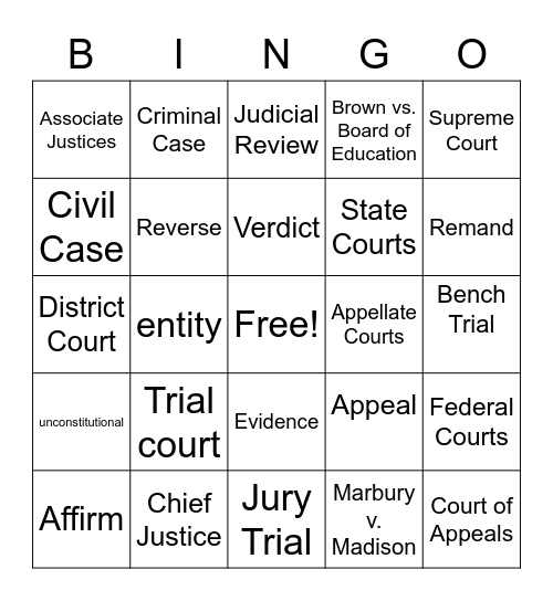 Judicial Branch Bingo Card