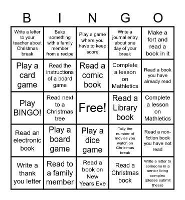 SNSCC Christmas Break BINGO Card